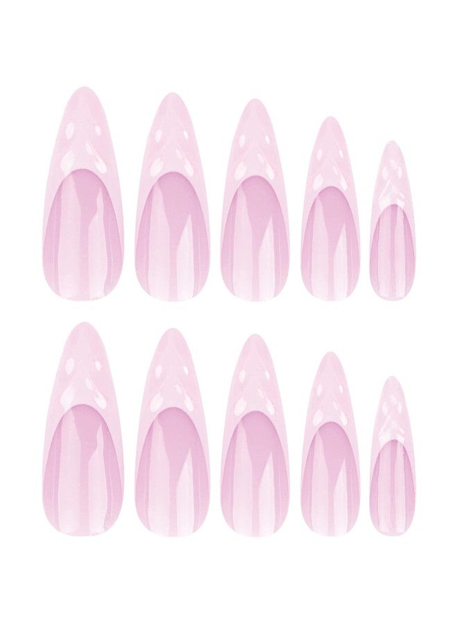 SINHOT Stiletto Press on Nails Long Fake Nails Pink Acrylic Nails Glossy Glue on Nails 3D Swirl Almond Artificial Nails Stick on French Tip False Nails with Design 24 pcs - Image 2